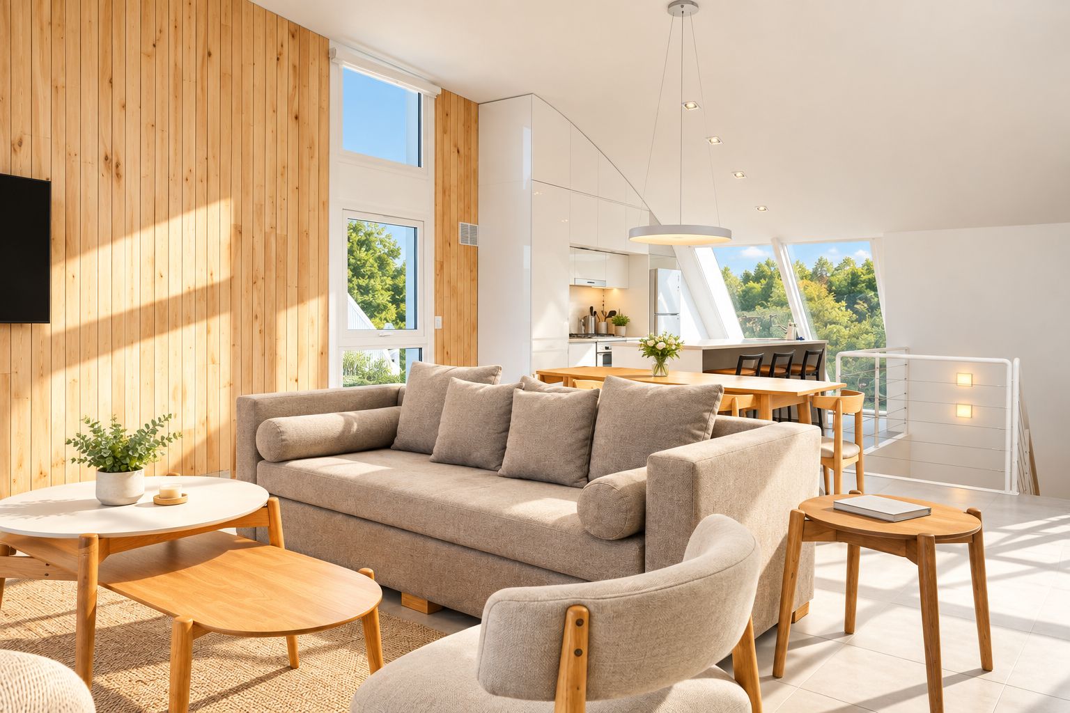 Ein modernes Wohnzimmer mit einer Couch, einem Couchtisch und Sesseln, ein Essbereich mit Tisch und Stühlen sowie große Fenster mit Blick auf Grünflächen.