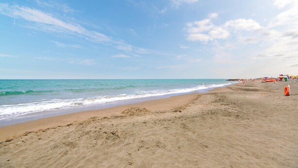 Une plage avec un ciel dégagé, une mer calme et des baigneurs qui se trouvent au loin.
