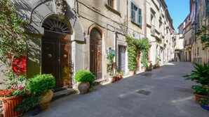 Une rue étroite bordée de bâtiments historiques, de plantes en pot et sous un ciel dégagé.
