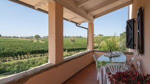 Un balcon avec une table et des chaises, donnant sur un vignoble.
