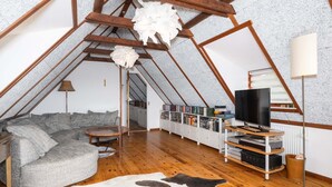 Quarto estilo loft com teto de madeira, sofá, televisão, estante de livros e tapete de couro.