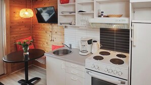 A compact kitchen with a stove, sink, and a flat-screen TV mounted on the wall.
