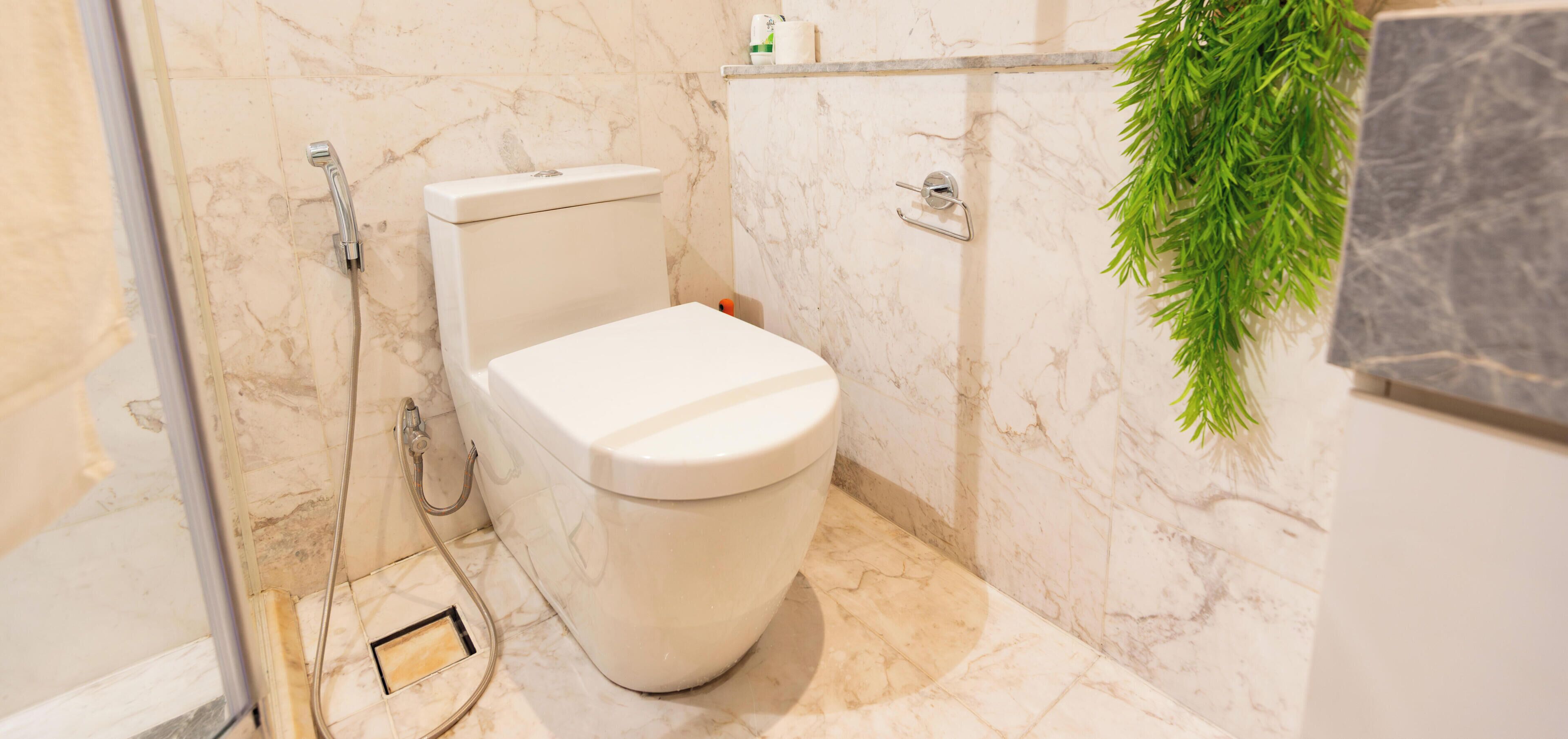 Et badeværelse med toilet, bruser og et marmorgulv.
