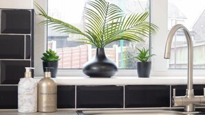 Una cocina con ventana, un lavamanos y plantas en macetas.