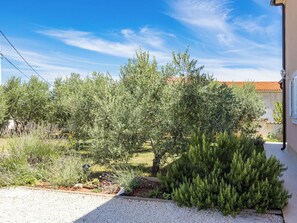 A garden with olive trees, a gravel path, and a building with a tiled roof. - Villa Javor by Interhome (Pula/Krnica)