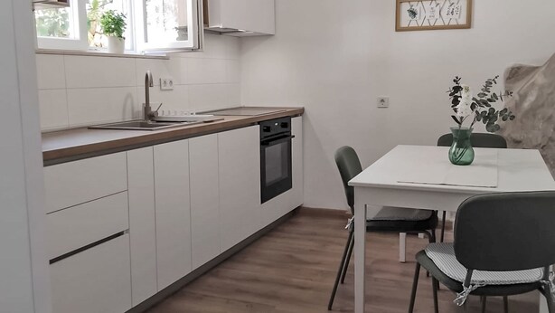 Et moderne køkken med hvide skabe, en opvaskemaskine og et vindue med en plante.