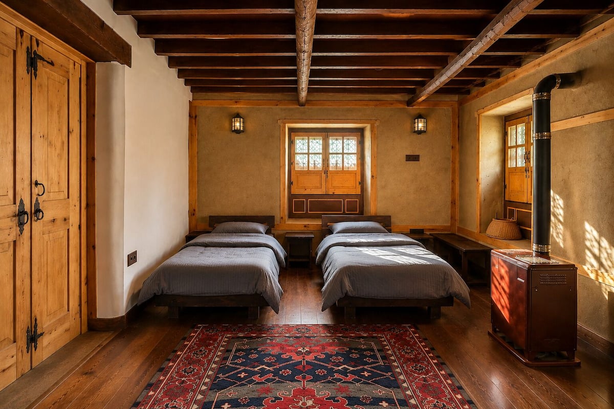 A room with two beds, a wooden floor, a large window, and a traditional stove.