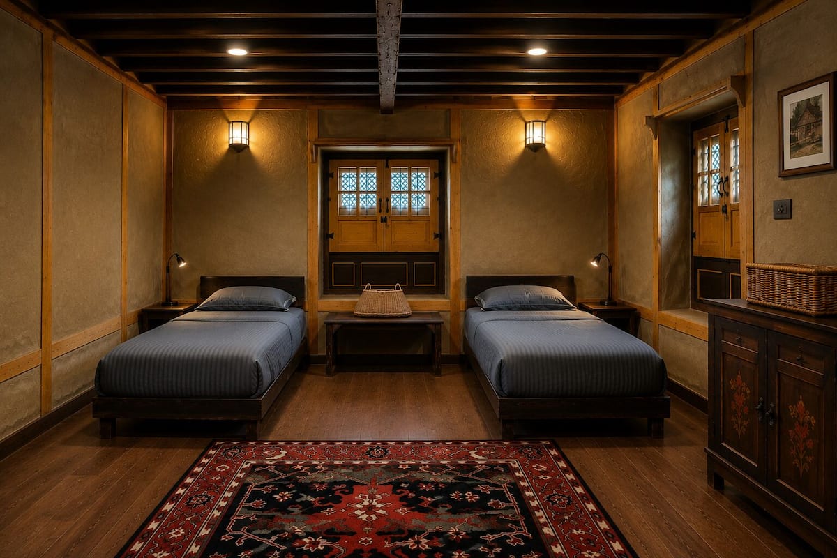 A room with two beds, a bench, a rug, and a cabinet.