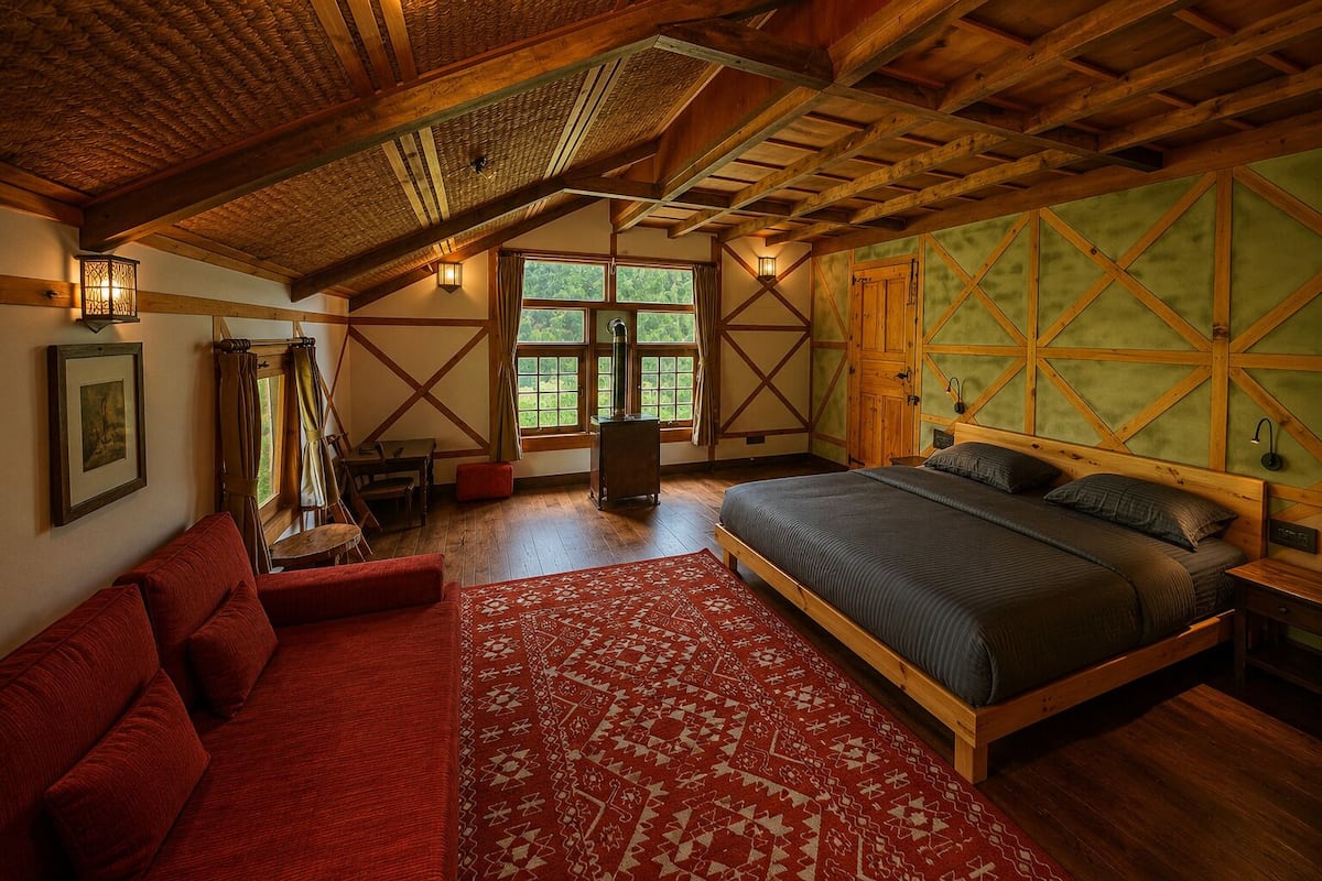 A bedroom with a wooden ceiling, a large bed, a red sofa, and a view of greenery outside.