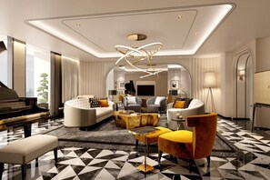 A modern living room with a grand piano, plush seating, and a geometric floor pattern. - Glee Hotel Nairobi (Nairobi)