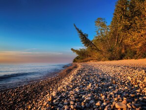 Una playa con piedras, árboles y cielo despejado.