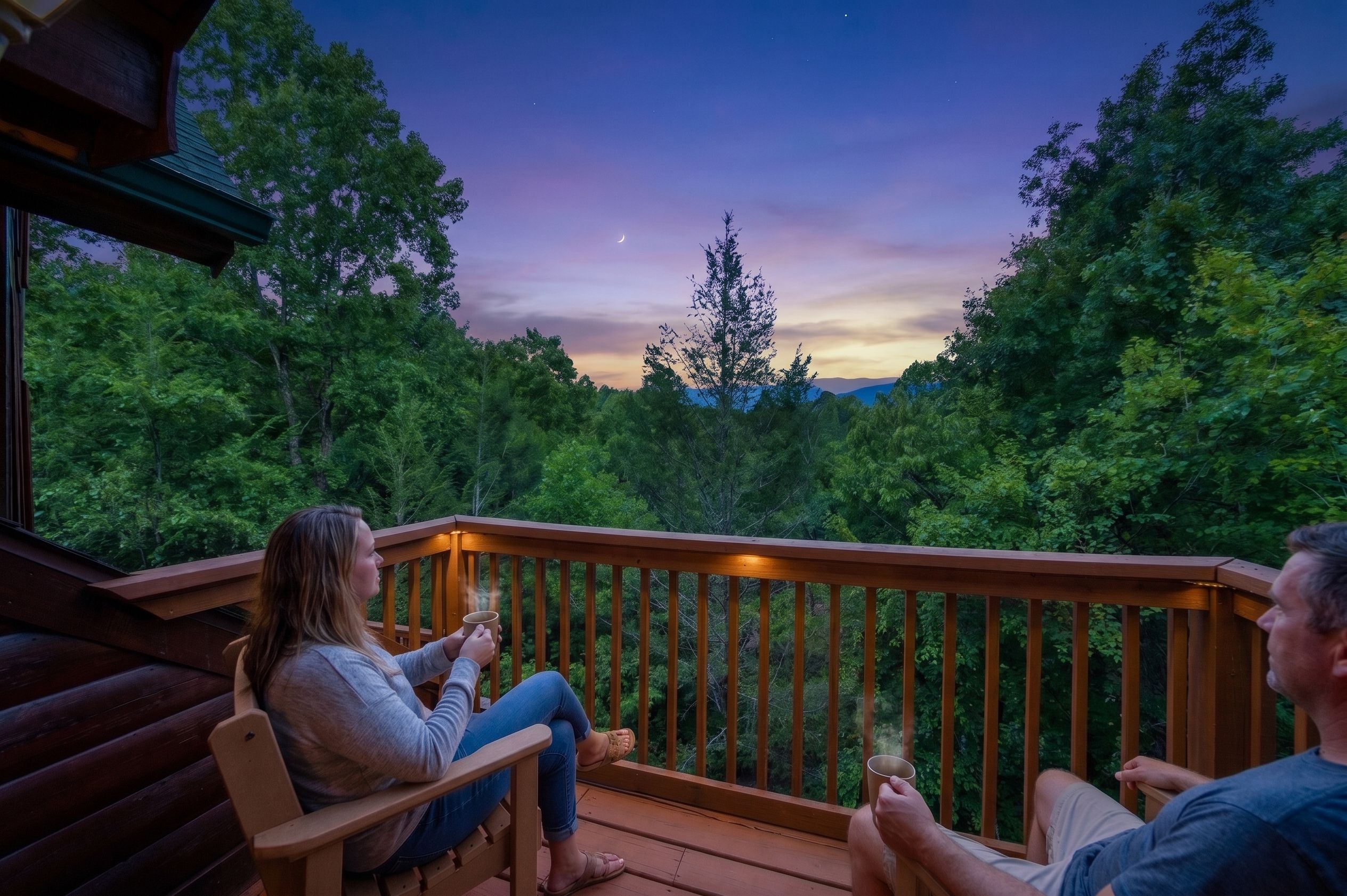 Une terrasse en bois dotée d’une rambarde, qui offre une vue sur une zone boisée et où l’on peut apercevoir un croissant de lune dans le ciel.