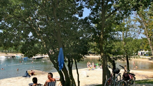 Ein Park am Seeufer mit Sandstrand, Bäumen und einem dort abgestellten Fahrrad.