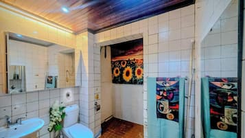 Hair dryer, towels, soap, toilet paper