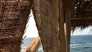 Uitzicht op een strand door een raam met rieten dak, een rotsachtige kustlijn en een glimp van een hut.