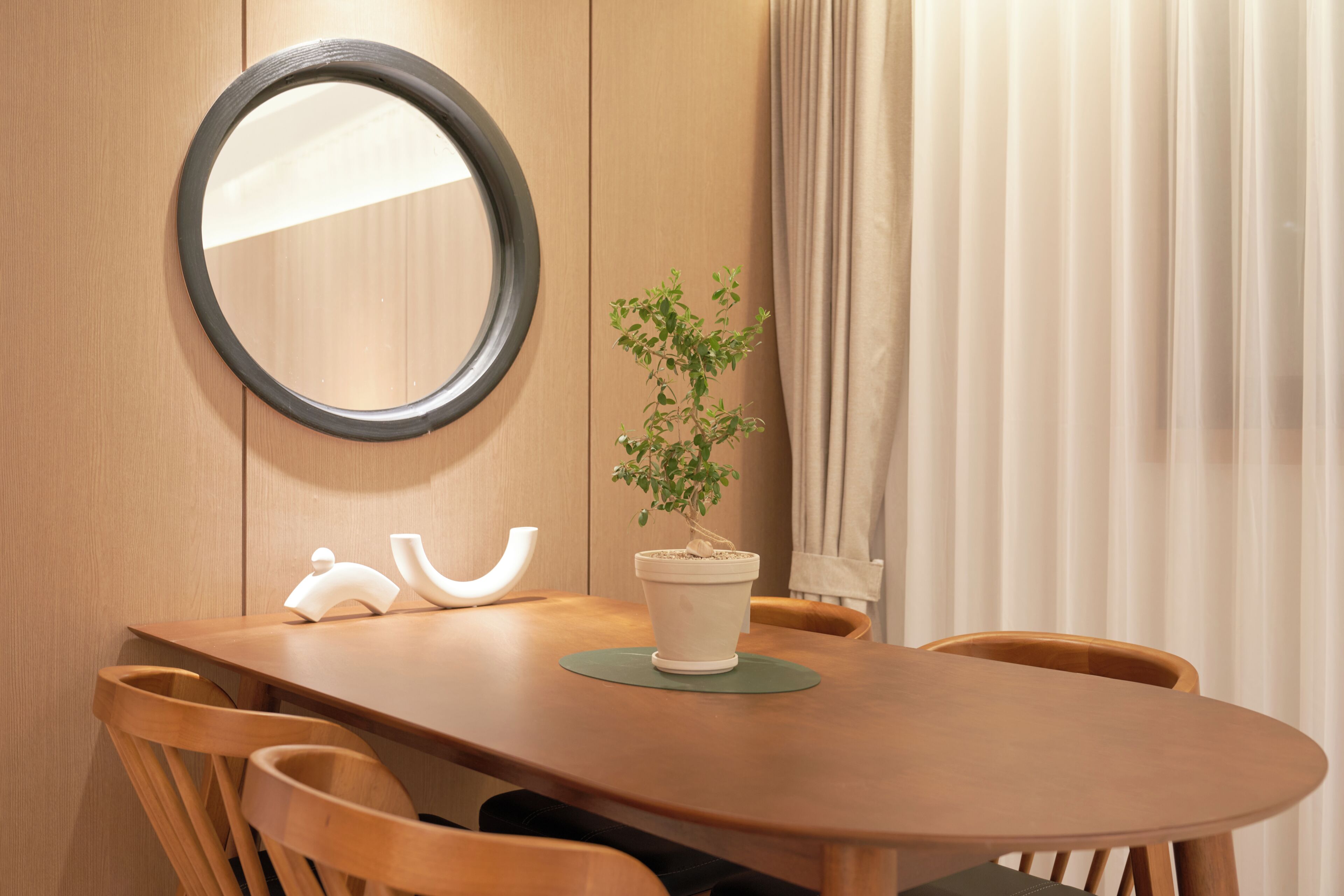 A wooden dining table with chairs, a potted plant, a mirror, and a curtain.