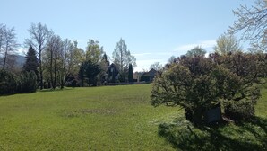 A grassy outdoor area with trees and a house in the background. - Vacation apartment Glockenblume 5 (Siegsdorf)