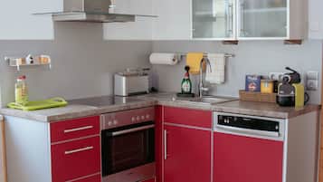 Fridge, oven, dishwasher, cookware/dishes/utensils