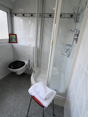 Douche, serviettes fournies, savon, papier toilette