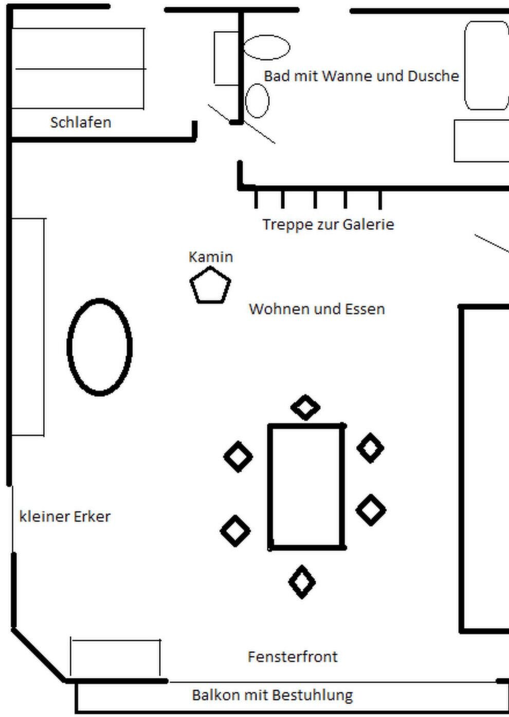 Een plattegrond van een hotelkamer met een balkon, een kleinere kamer, een eethoek en een kamer met uitzicht.