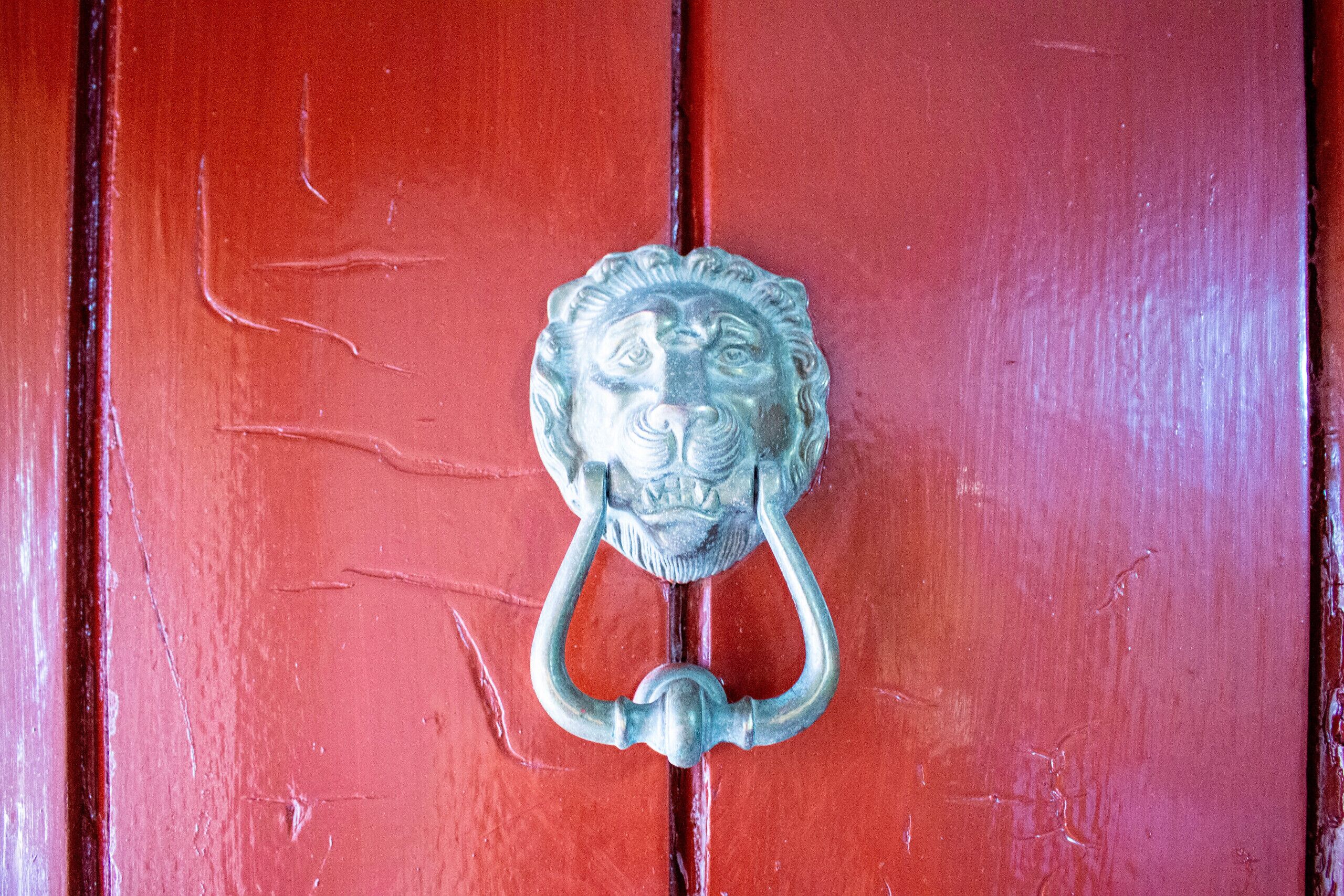 A red door with a metal lion head knock.