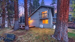 Une cabane moderne à deux étages, dotée d’une terrasse et entourée de grands arbres, sous un ciel dégagé.