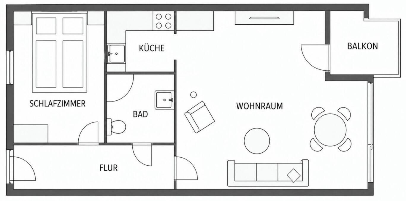 Een plattegrond met een woonkamer, keuken, badkamer en balkon.