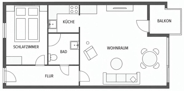 Een plattegrond met een woonkamer, keuken, badkamer en balkon.