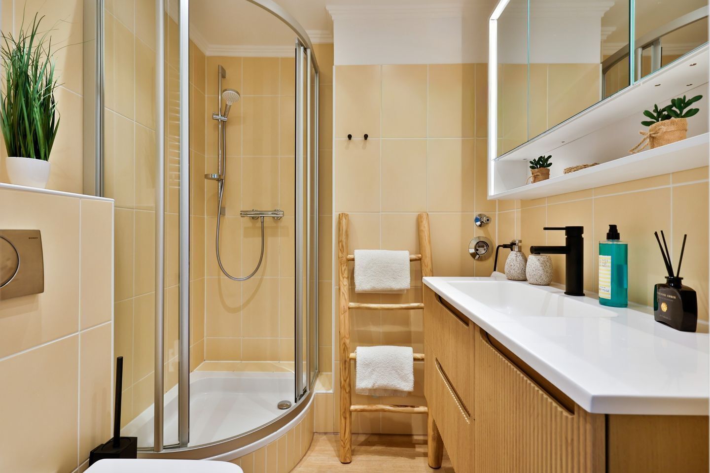 Shower, hair dryer, towels