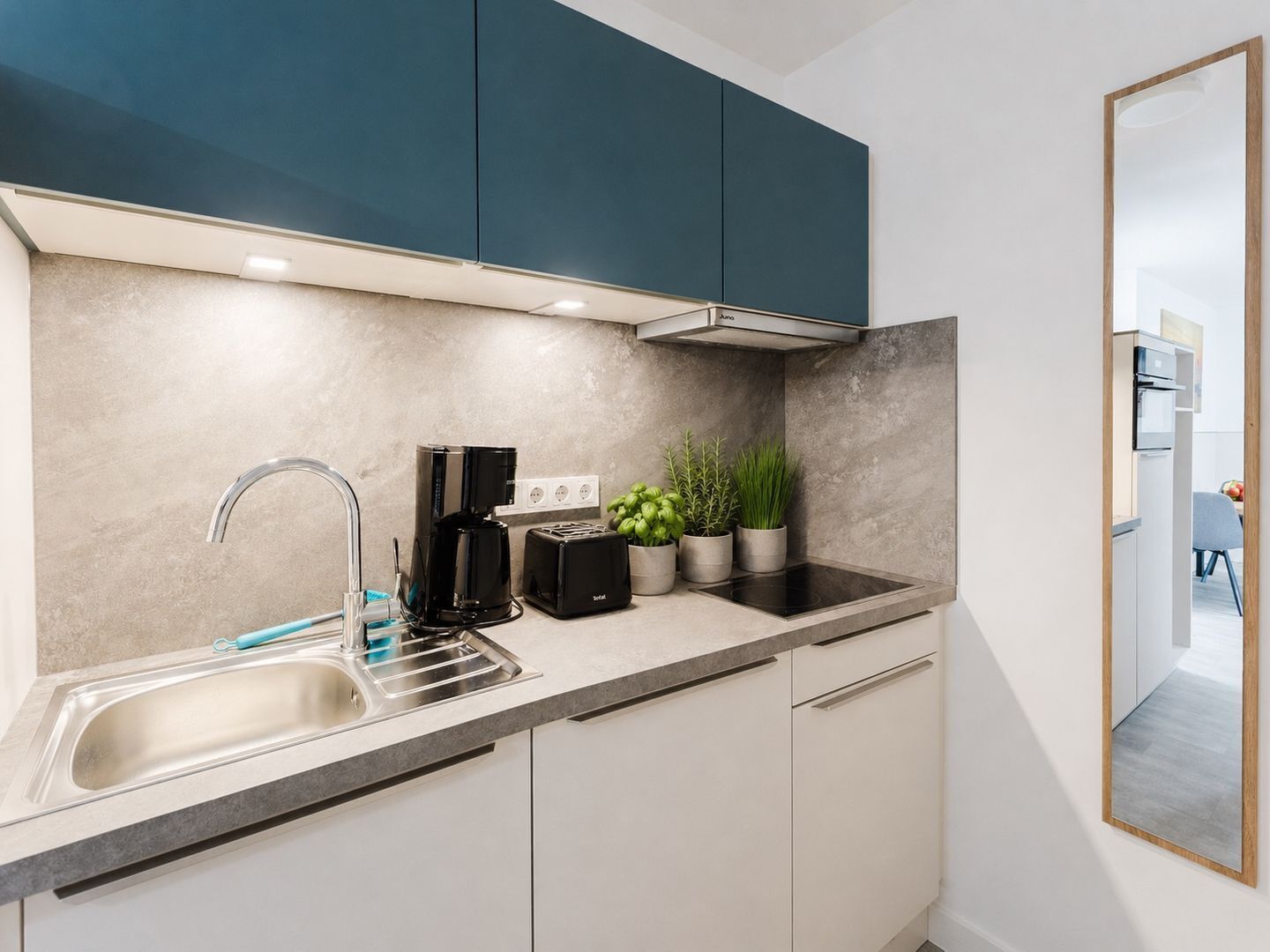 A modern kitchen with a sink, coffee maker, toaster, and potted plants.