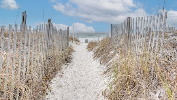 A sandy path flanked by wooden fences leading to a beach. - Walk to Ocean! Family PCB Condo w/ Balcony & Views (Panama City Beach)