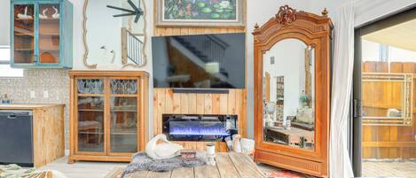 TV, fireplace, books, video library