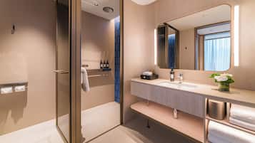 Hair dryer, slippers, towels, soap