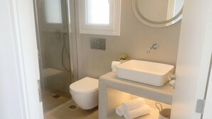Une salle de bain avec une douche à parois de verre, des toilettes, un lavabo avec un miroir et une petite plante.