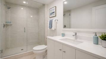 Hair dryer, bidet, towels, soap