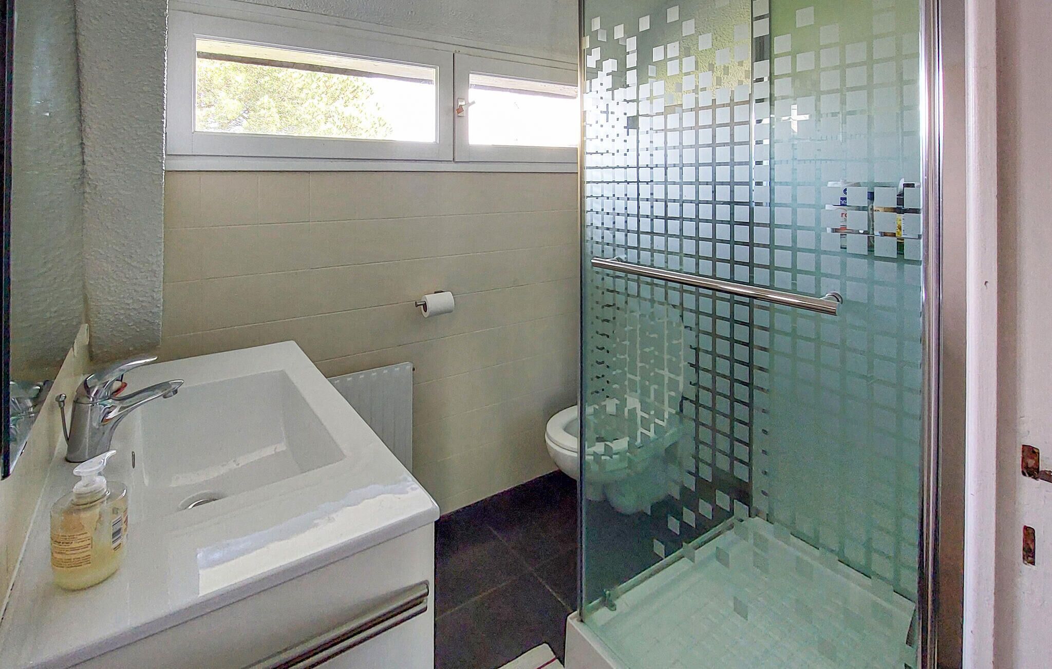 Une salle de bain avec un lavabo blanc, une cabine de douche en verre et des toilettes.