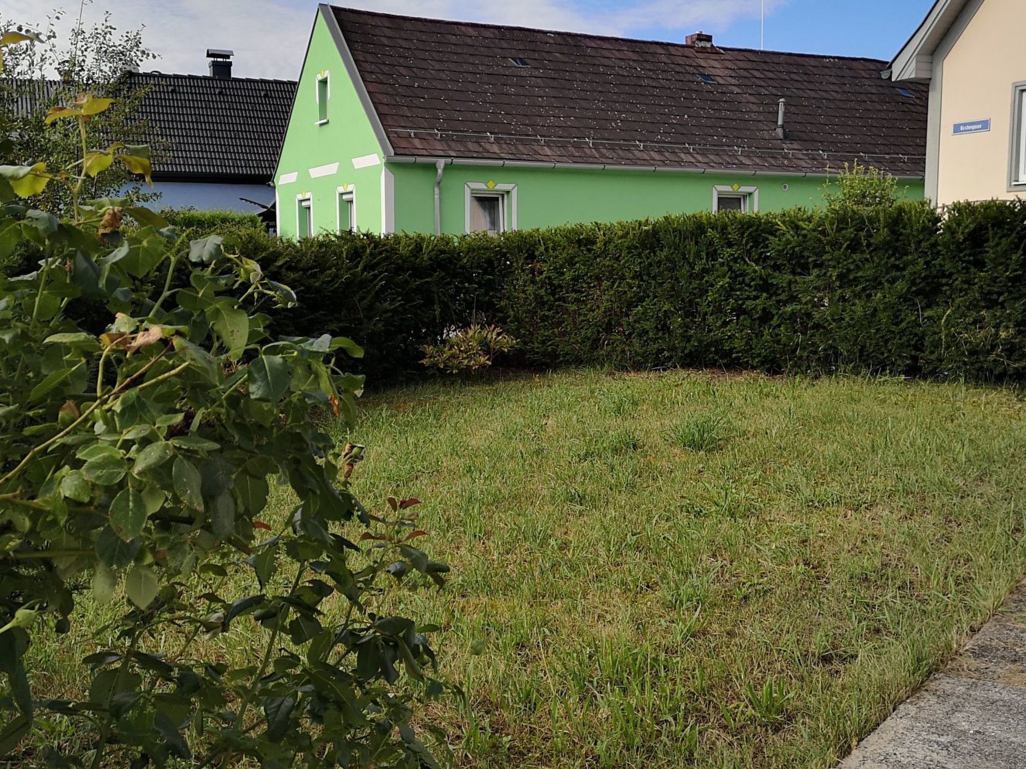 A green house with a sloped roof, a hedge in front, and a grassy yard.