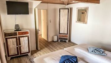 A room with two beds, a television, a wardrobe, and a mirror.