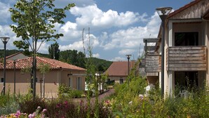 A residential area with houses, a garden with various plants and flowers, and a clear sky. - Noir Holiday Apartment for 4 (LES  EYZIES  DE  TAYAC)