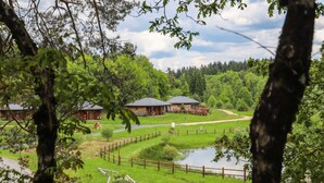 A rustic lodge with a pond, surrounded by lush greenery and a clear sky. - 6-Person Accessible Wooden Chalet (MEYRIGNAC  L'EGLISE)