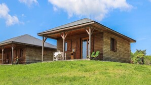 A wooden cabin with a porch, a table, and chairs outside. - 6-Person Accessible Wooden Chalet (MEYRIGNAC  L'EGLISE)