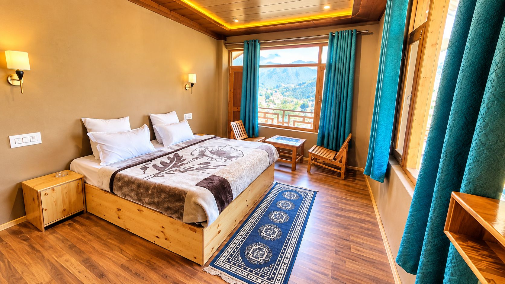 A bedroom with a wooden bed, a nightstand, a small table, and a view of the outdoors through a window.