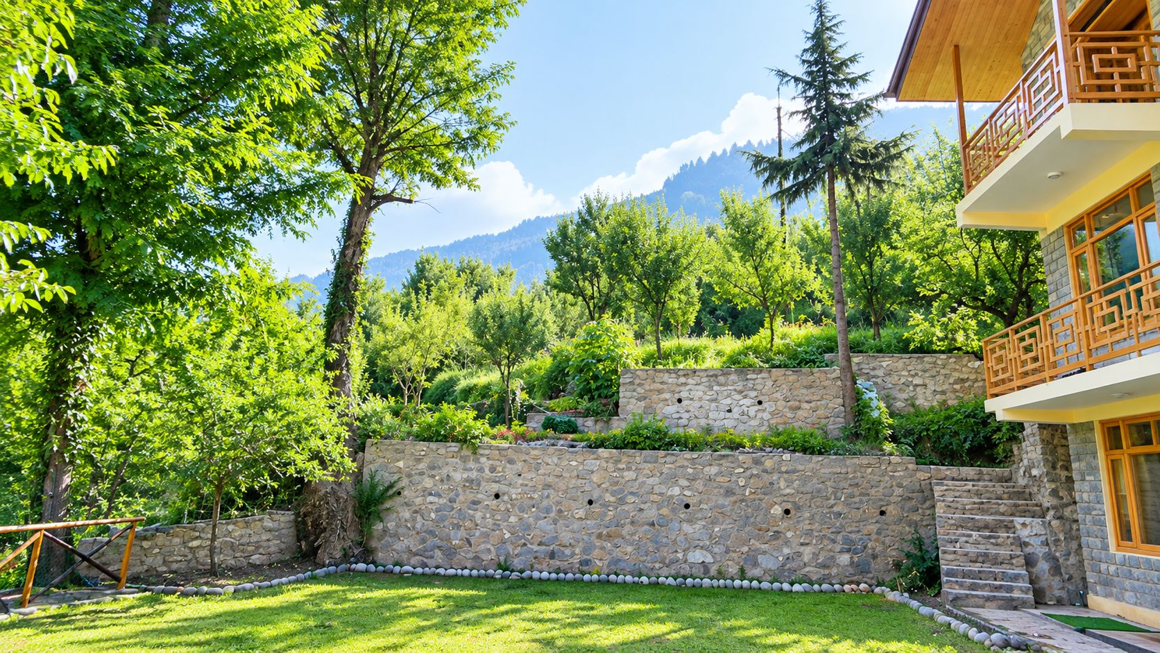 A stone wall with a grassy area in front, a wooden deck, and a building with a balcony.