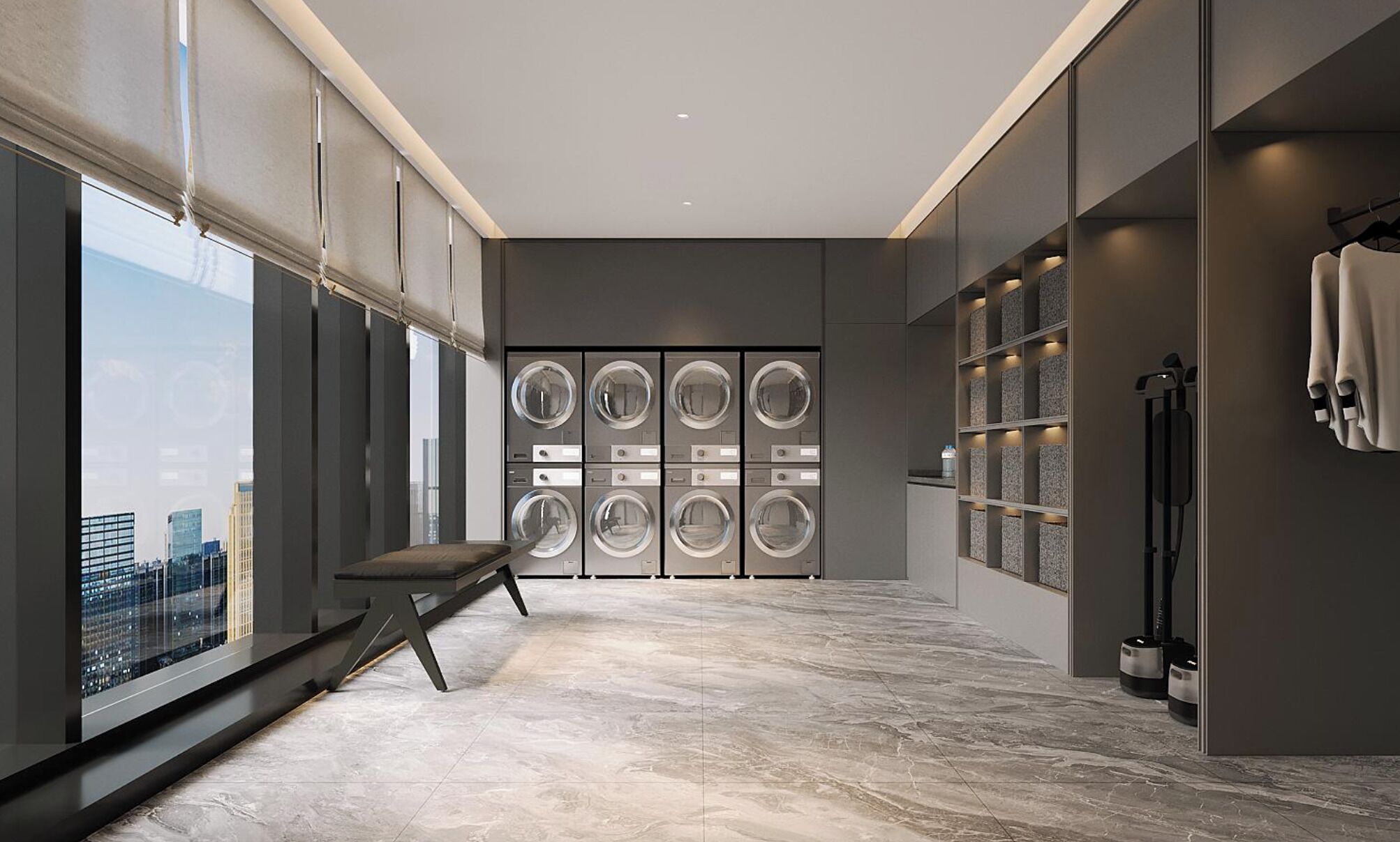 A modern hotel room with a large window, a bench, a wall-mounted laundry area, and a shoe rack.