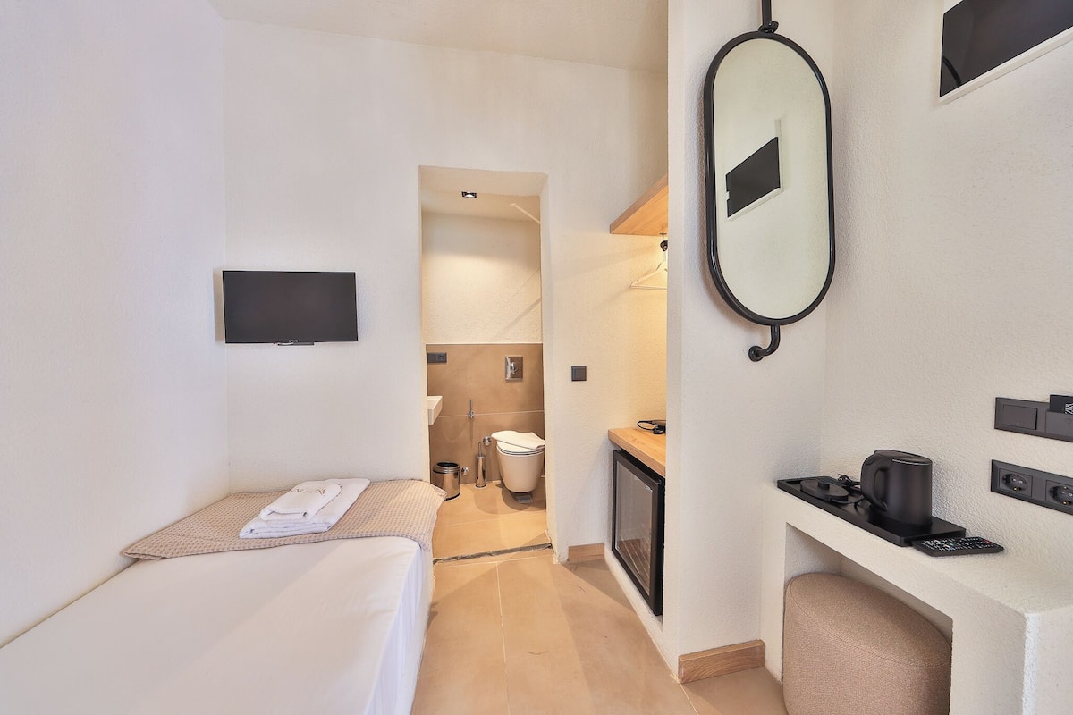 A narrow hotel room with a bed, a small desk with a coffee maker, a TV, and a mirror.