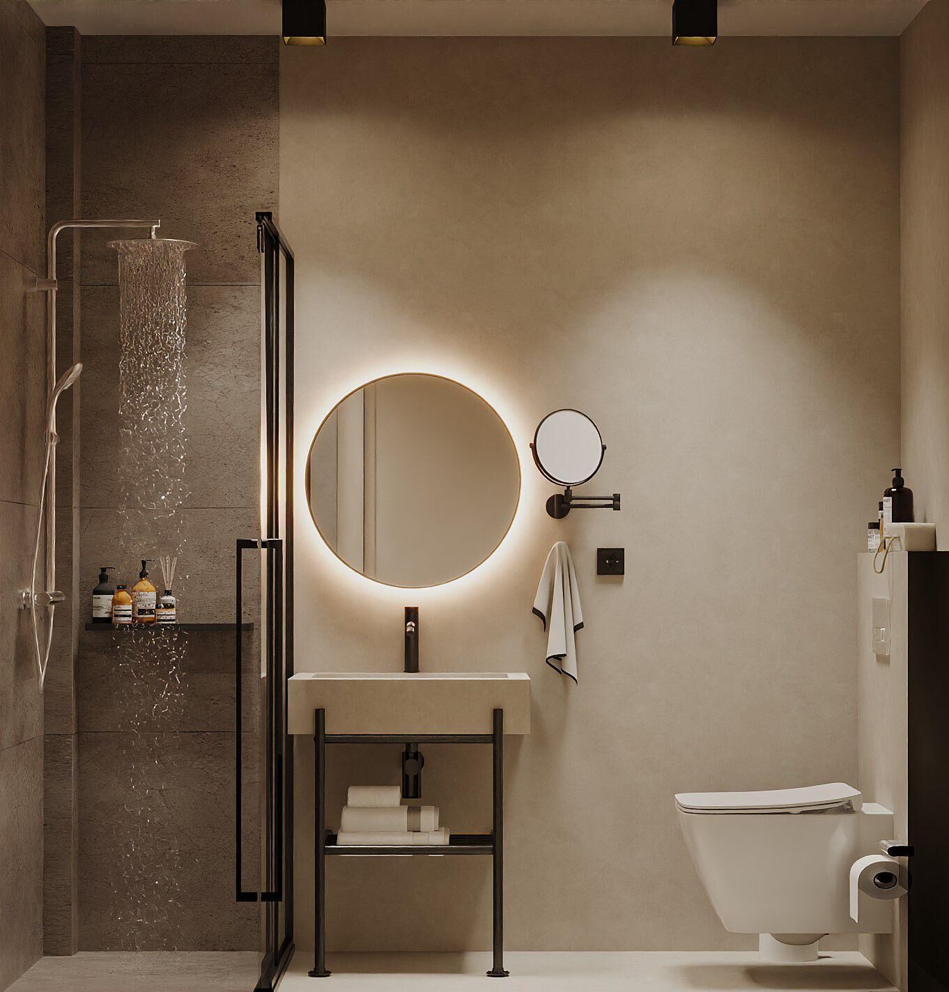 Shower, hair dryer, slippers, towels