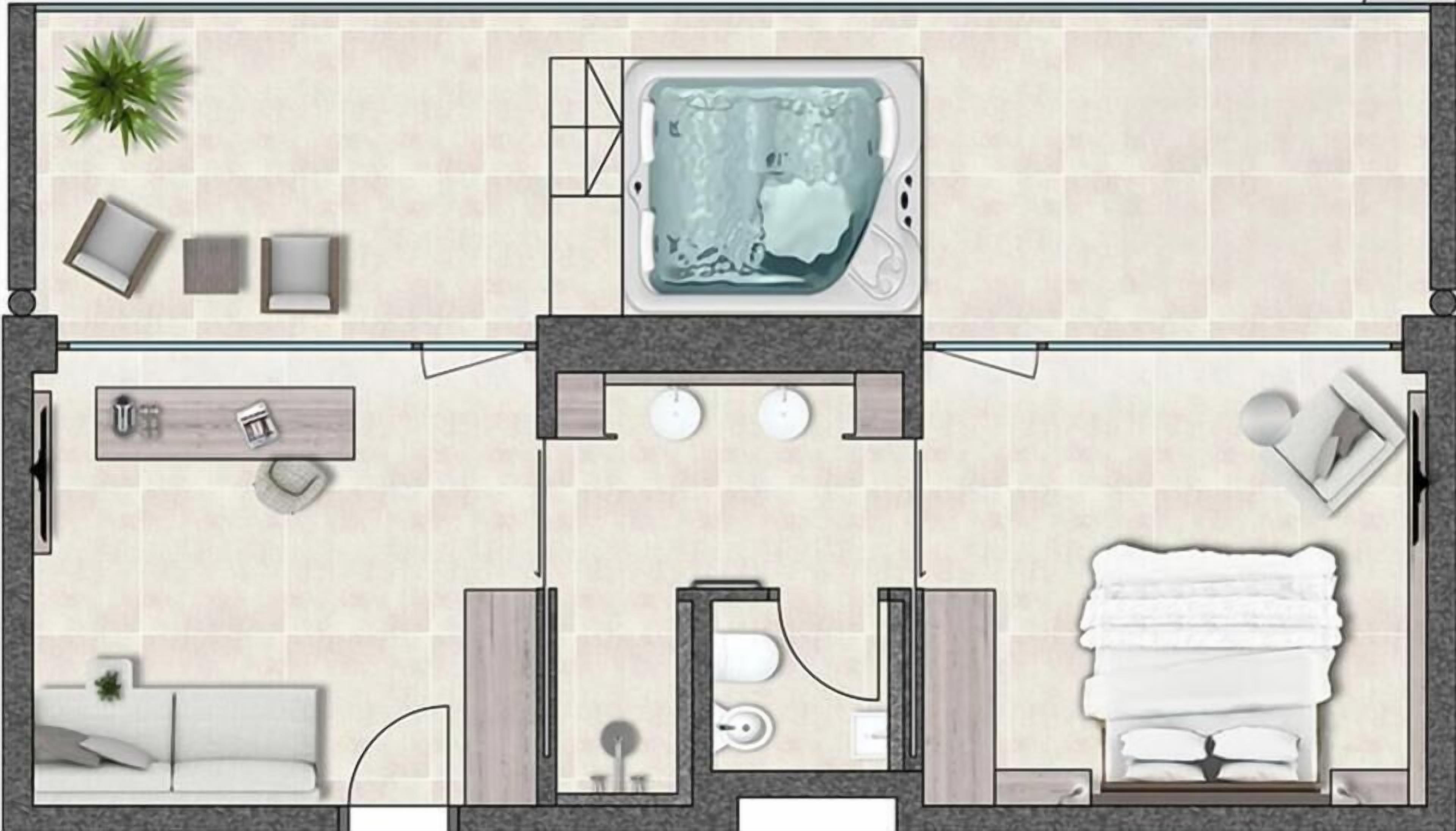 Distribución de una habitación de hotel con baño, zona de estar, kitchenette pequeña y jacuzzi.