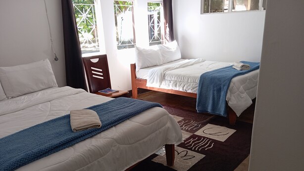 A room with two beds, each with a blue blanket and white bedding. There is a wooden nightstand with a book and a lamp. - blue Waxbill Lodge  (South Luangwa National Park)