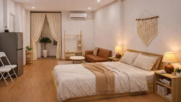 A modern hotel room with a bed, bedside tables, a desk, a chair, a wardrobe, and an air conditioning unit. - Peanuts Home Le Lai - Chic Local Stay, Steps to Ben Thanh & Bui Vien (Ho Chi Minh city)