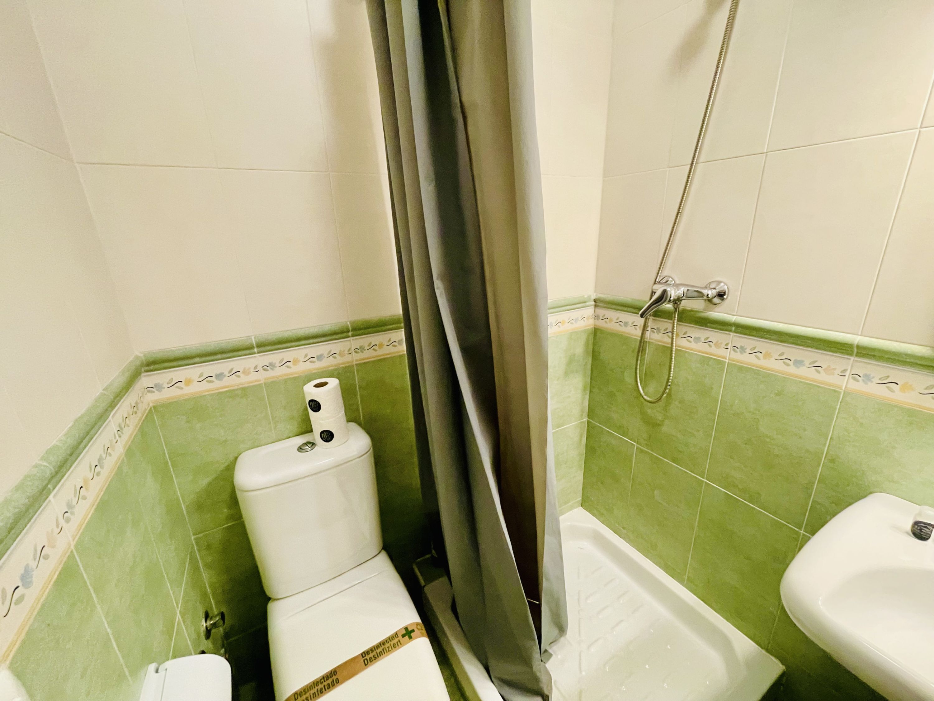Une salle de bain équipée de toilettes, d’une douche et d’un bidet.